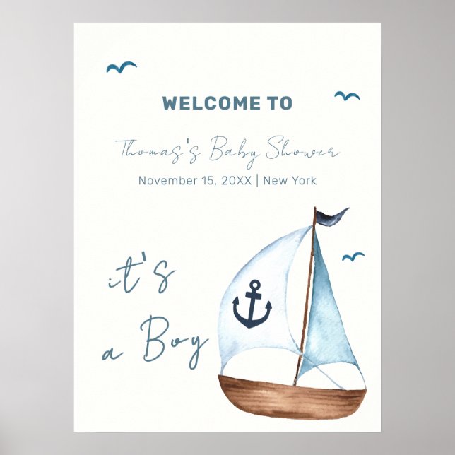 Minimal Sailboat Anchor Baby Shower Welcome  Poster (Front)