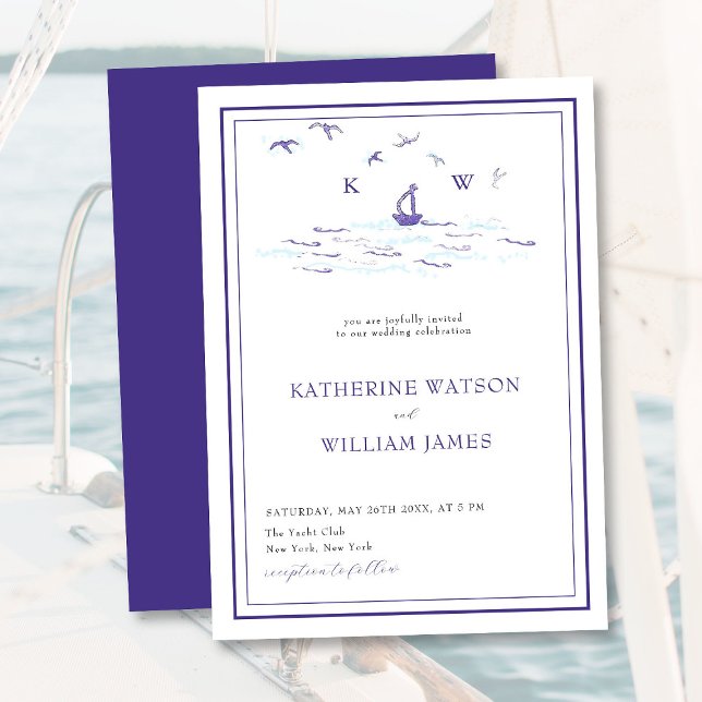 Minimal Sailboat Yacht Waves Frame Modern Wedding Invitation (Creator Uploaded)