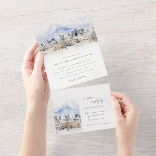 Minimal Salt Lake City Utah Watercolor Wedding All In One Invitation