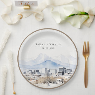 Minimal Salt Lake City Utah Watercolor Wedding Paper Plate