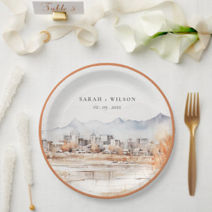 Minimal Salt Lake City Utah Watercolor Wedding Paper Plate
