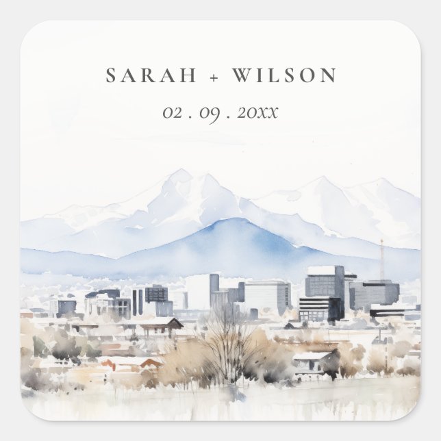 Minimal Salt Lake City Utah Watercolor Wedding Square Sticker (Front)
