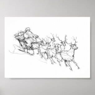 Minimal Santa Sleigh – Clean Line Sketch Poster