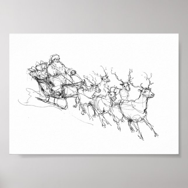Minimal Santa Sleigh – Clean Line Sketch Poster (Front)