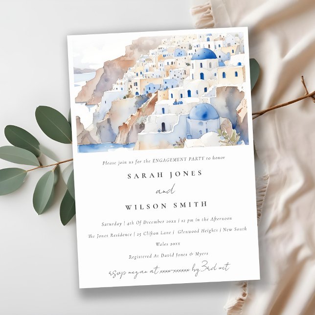 Minimal Santorini Greece Watercolor Engagement Invitation (Creator Uploaded)