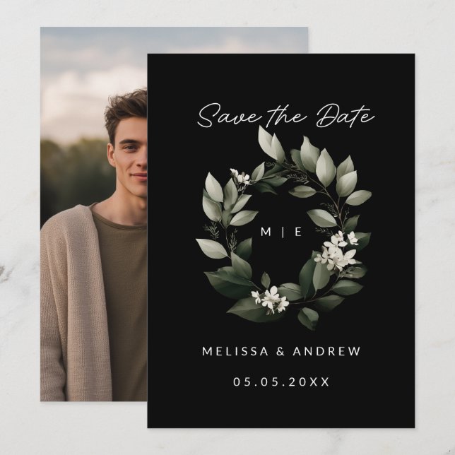 Minimal Save the Date Green Wreath Announcement (Front/Back)