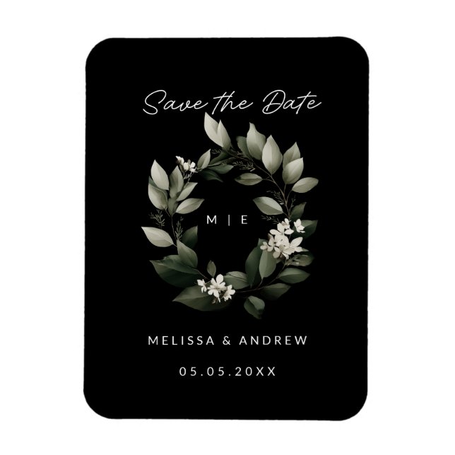 Minimal Save the Date Green Wreath Magnet (Vertical)
