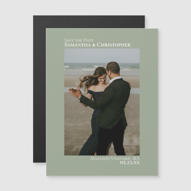 Minimal Save the Date Vertical Photo Sage Magnet (Front/Back)