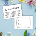 Minimal Say No to Wrapping Baby Shower Gift Card<br><div class="desc">If you're hosting a no-gift-wrap display baby shower for the new mummy-to-be, this simple card could be the choice for you. Using a pretty, modern script font, I first added a header that announces the intention in a mildly cheeky way: "Say No to the Wrapping!" on the front, and "to"...</div>