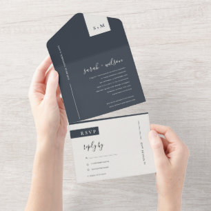 MINIMAL SCANDI BLACK & WHITE MONOGRAM WEDDING ALL  ALL IN ONE INVITATION