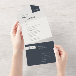 MINIMAL SCANDI BLACK WHITE MONOGRAM WEDDING ALL IN ONE INVITATION