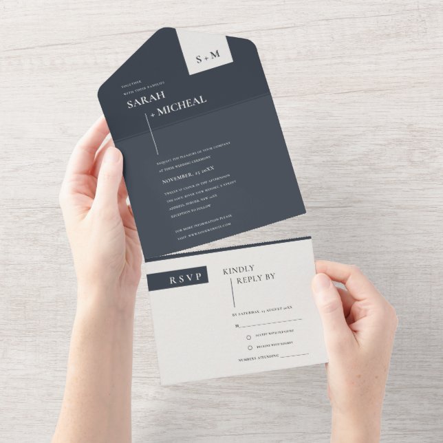 MINIMAL SCANDI BLACK WHITE MONOGRAM WEDDING ALL IN ONE INVITATION (Tearaway)