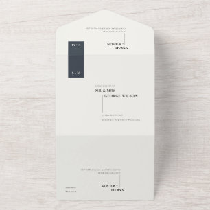 MINIMAL SCANDI BLACK WHITE MONOGRAM WEDDING ALL IN ONE INVITATION