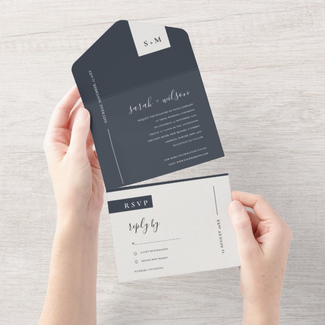 MINIMAL SCANDI BLACK & WHITE MONOGRAM WEDDING ALL  IN ONE INVITATION (Tearaway)