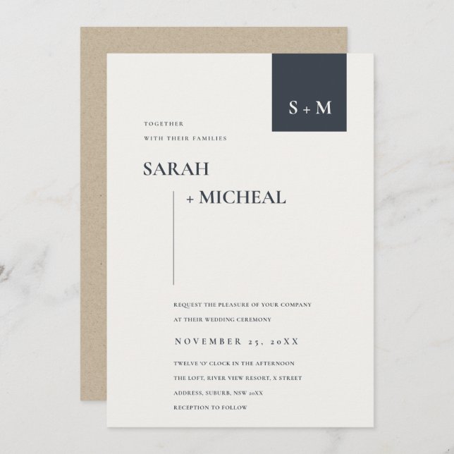 MINIMAL SCANDI BLACK WHITE MONOGRAM WEDDING INVITE (Front/Back)