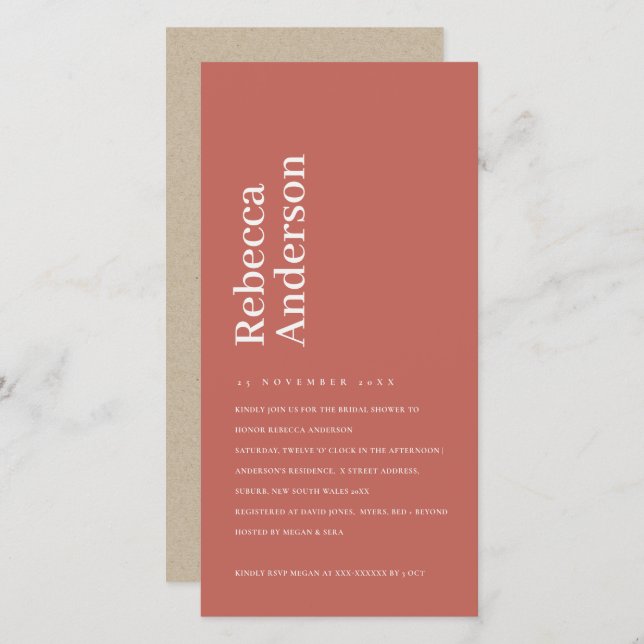 MINIMAL SCANDI BRICK RED BRIDAL SHOWER INVITE (Front/Back)