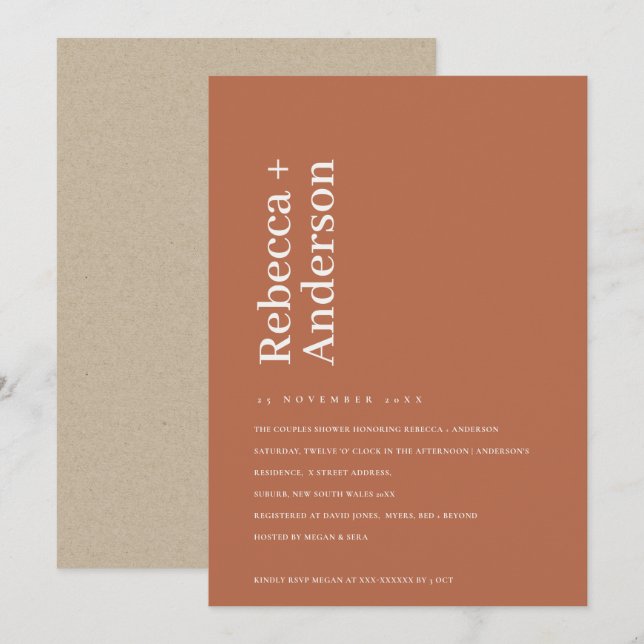 MINIMAL SCANDI BURNT ORANGE COUPLES SHOWER INVITE (Front/Back)