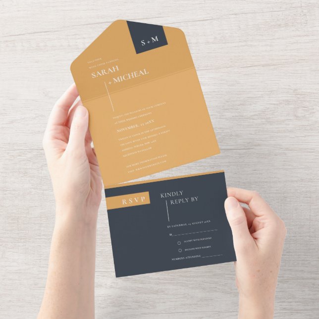 MINIMAL SCANDI FUN BLACK BURNT ORANGE WEDDING  ALL IN ONE INVITATION (Tearaway)