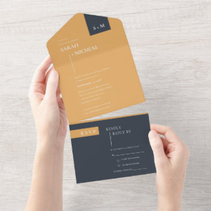 MINIMAL SCANDI FUN BLACK BURNT ORANGE WEDDING  ALL IN ONE INVITATION