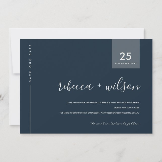 MINIMAL SCANDI MODERN NAVY BLUE GREY TYPOGRAPHY SAVE THE DATE (Front)