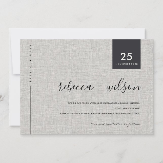 MINIMAL SCANDI RUSTIC GREY LINEN KRAFT TYPOGRAPHY SAVE THE DATE (Front)