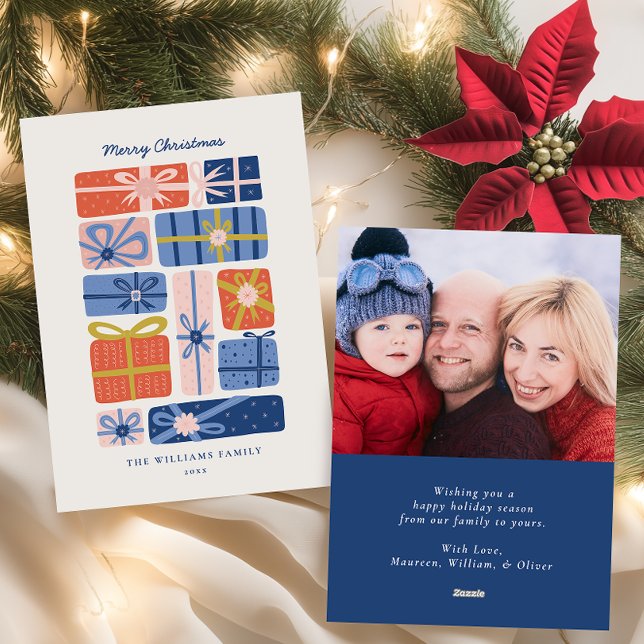 Minimal Scandinavian with Colourful Gifts Photo Holiday Card (Creator Uploaded)