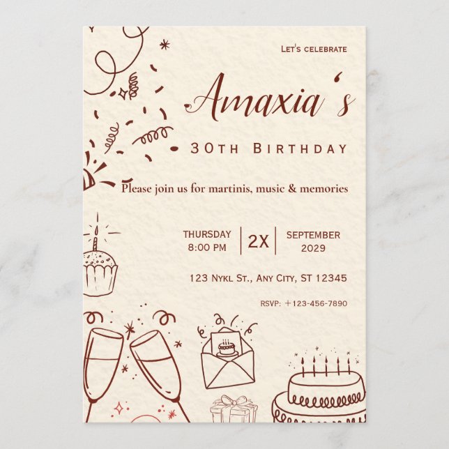 Minimal Scribble Modern Hand Drawn B'day Invite (Front)