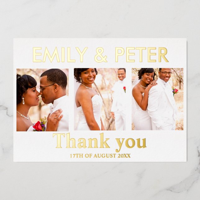 Minimal script 4 photo wedding thank you card (Front)