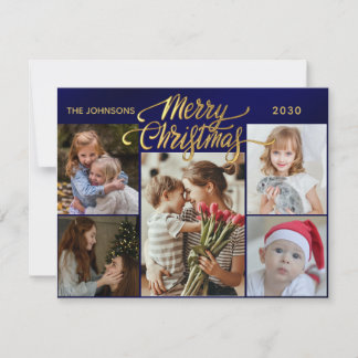 Minimal Script 6 Photo golden Merry Christmas Holiday Card