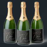 Minimal Script Black Gold 21st Birthday  Sparkling Wine Label<br><div class="desc">Modern minimalist 21st birthday sparkling wine label features stylish faux gold foil number handwritten script Twenty one and your party details in classic serif font on black background colour,  simple and elegant,  great surprise adult milestone birthday for men and women.</div>