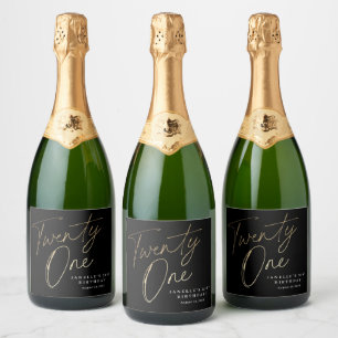 Minimal Script Black Gold 21st Birthday  Sparkling Wine Label