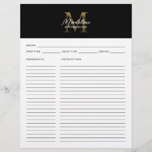 Minimal Script Black Metallic Gold Monogram Recipe