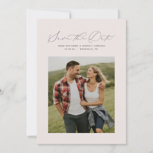 Minimal script blush pink vertical photo save the date