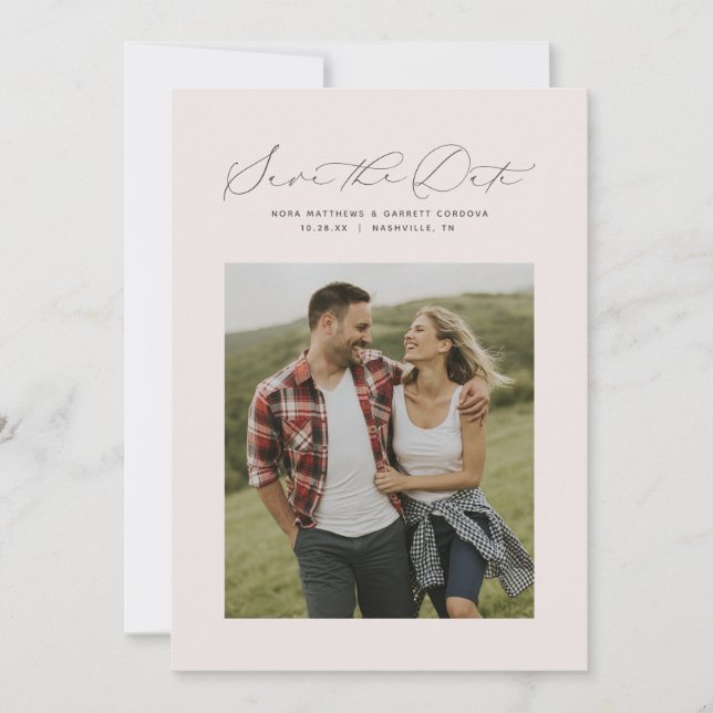 Minimal script blush pink vertical photo save the date (Front)
