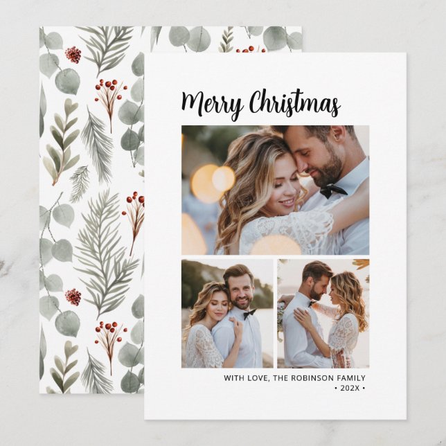 Minimal Script Botanical 3 Multi Photo Christmas Holiday Card (Front/Back)