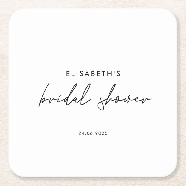 Minimal Script Bridal Shower Invite Square Paper Coaster (Front)