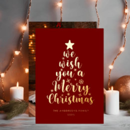 Minimal Script Burgundy Red Merry Christmas Foil Holiday Card