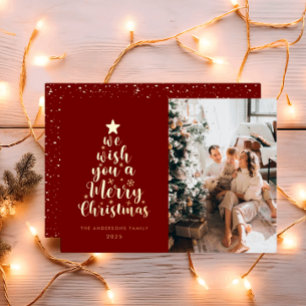 Minimal Script Burgundy Red Merry Christmas Foil Holiday Card