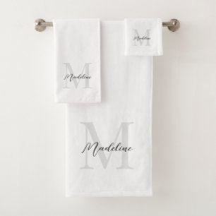 Minimal Script Calligraphy Black White Monogram Bath Towel Set