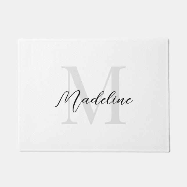 Minimal Script Calligraphy Black White Monogram Doormat (Front)