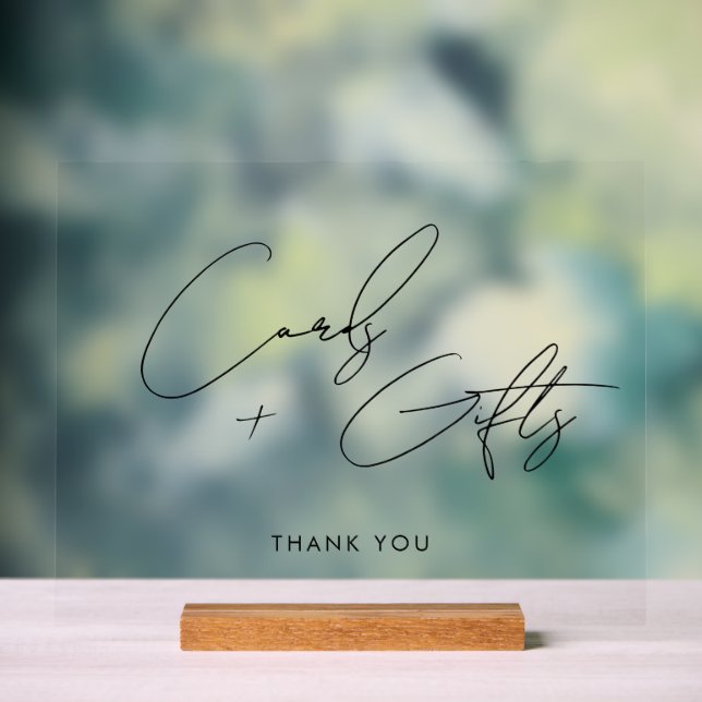 Minimal Script Cards + Gifts Wedding Black Acrylic Sign (Neutral)