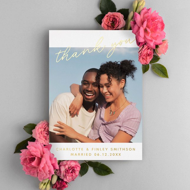 Minimal Script Chic Personalised Wedding Thank You Foil Holiday Card (Creator Uploaded)