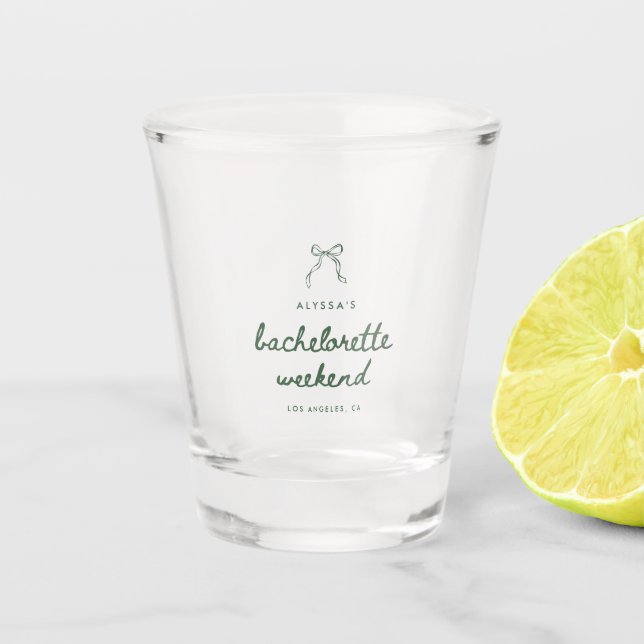 Minimal Script Coquette Bow Bachelorette Favors Shot Glass (Front)