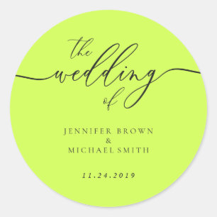 Minimal Script Cyber Lime Jet Black Wedding Classic Round Sticker