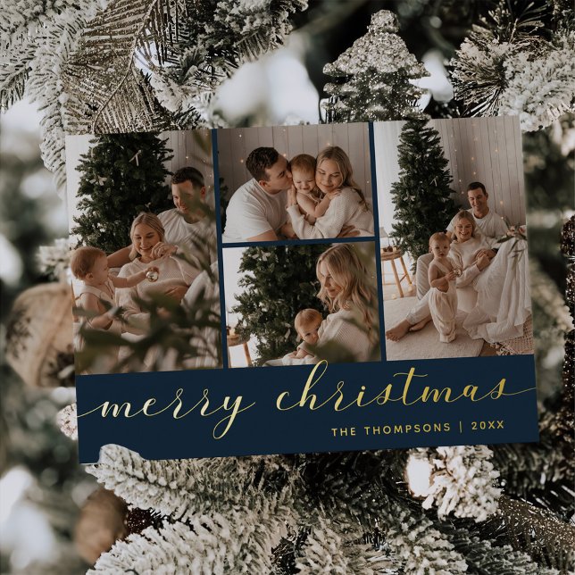 Minimal Script Four Photo Merry Christmas Foil Holiday Card (Creator Uploaded)