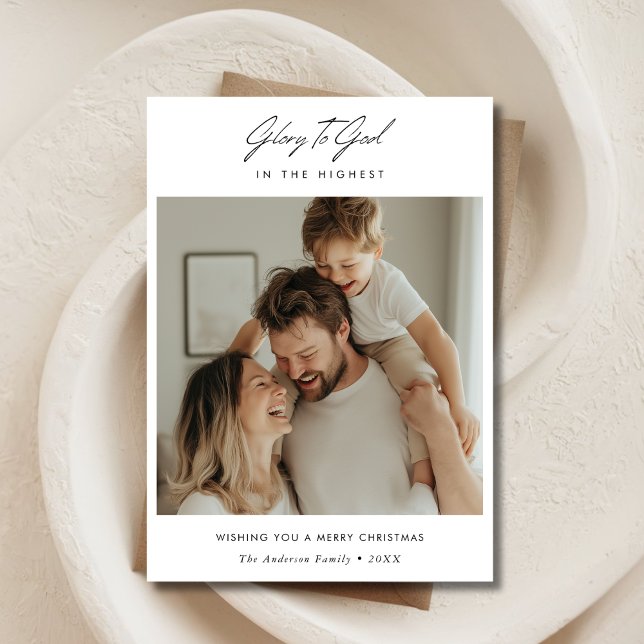 Minimal Script Glory To God Holy Christmas Photo Holiday Card (Creator Uploaded)