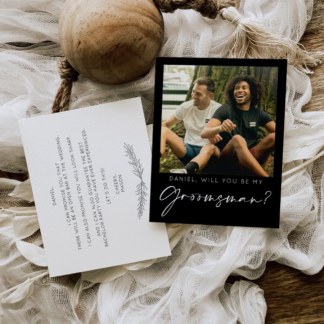Minimal Script Groomsman Proposal Card with Photo (Creator Uploaded)