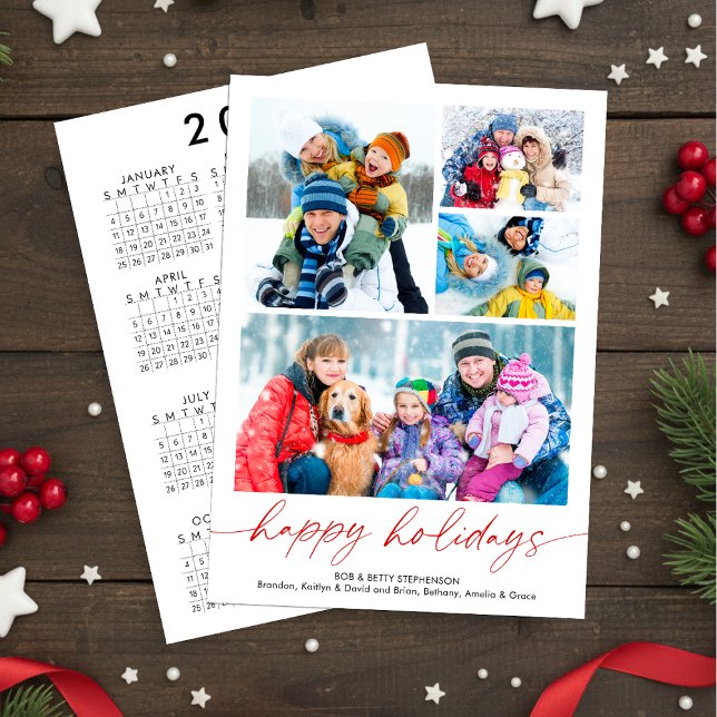 Minimal Script Happy Holidays 4 Photos Calendar Holiday Card (Creator Uploaded)