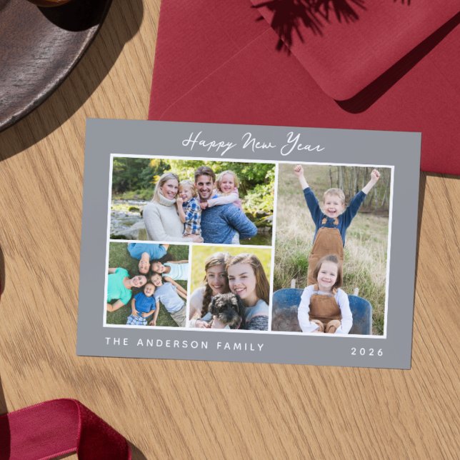 Minimal Script Happy New Year Photo Collage Holiday Card (Creator Uploaded)
