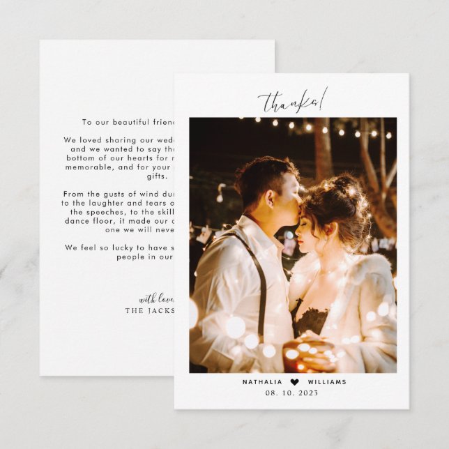 Minimal Script Heart with Photo Wedding  Thank You Card (Front/Back)